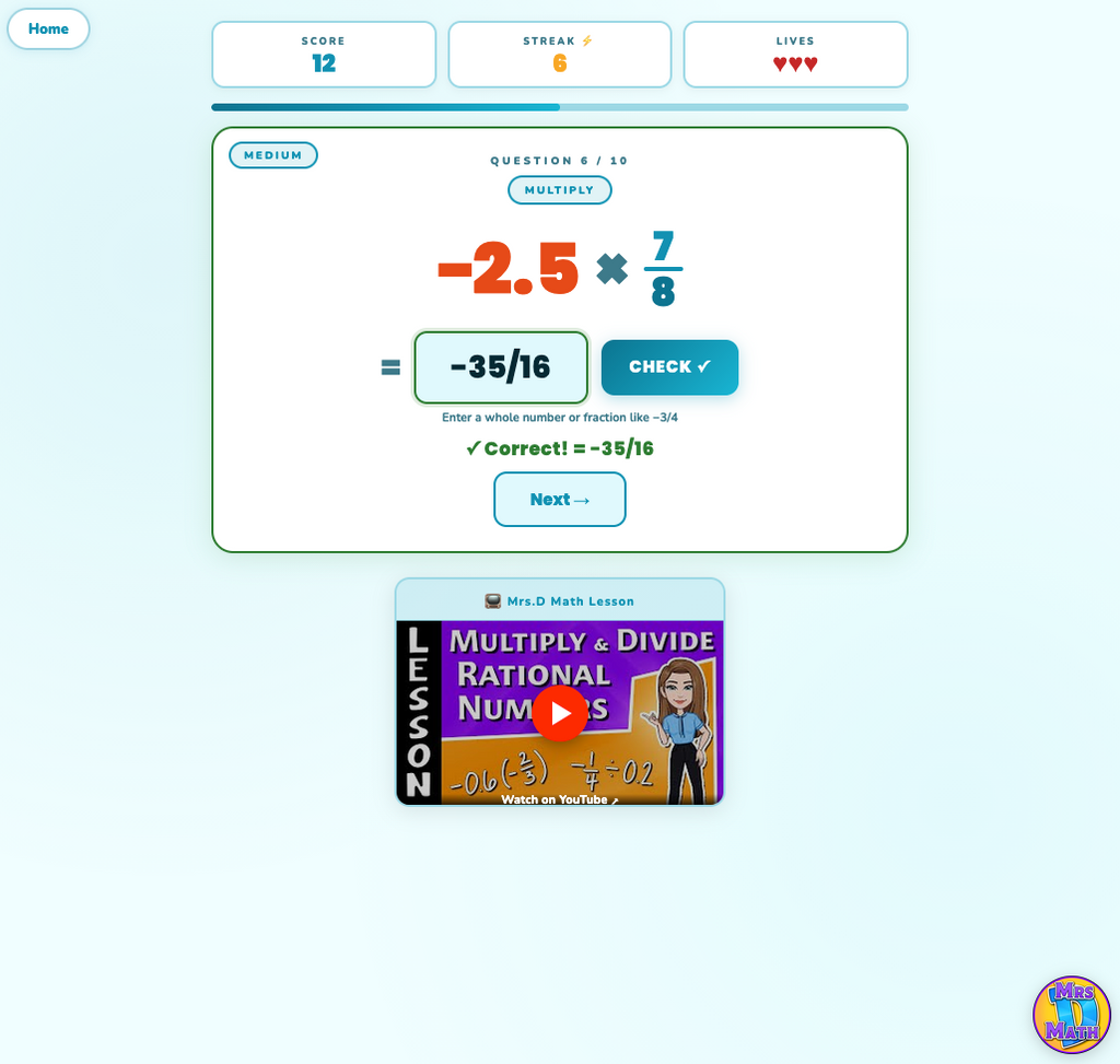 Rational Reactor | Multiply & Divide Rational Numbers | 7th grade