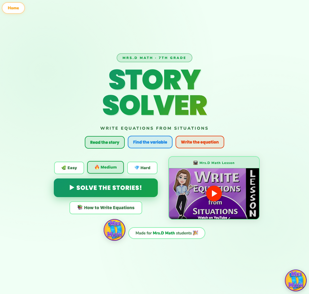 Story Solver | Write Equations from Word Problems | 7th grade