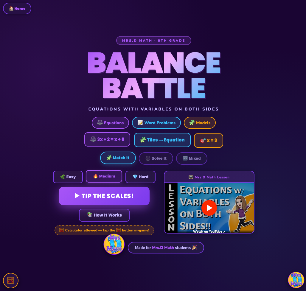 Balance Battle | Equations with Variables on Both Sides | 8th grade