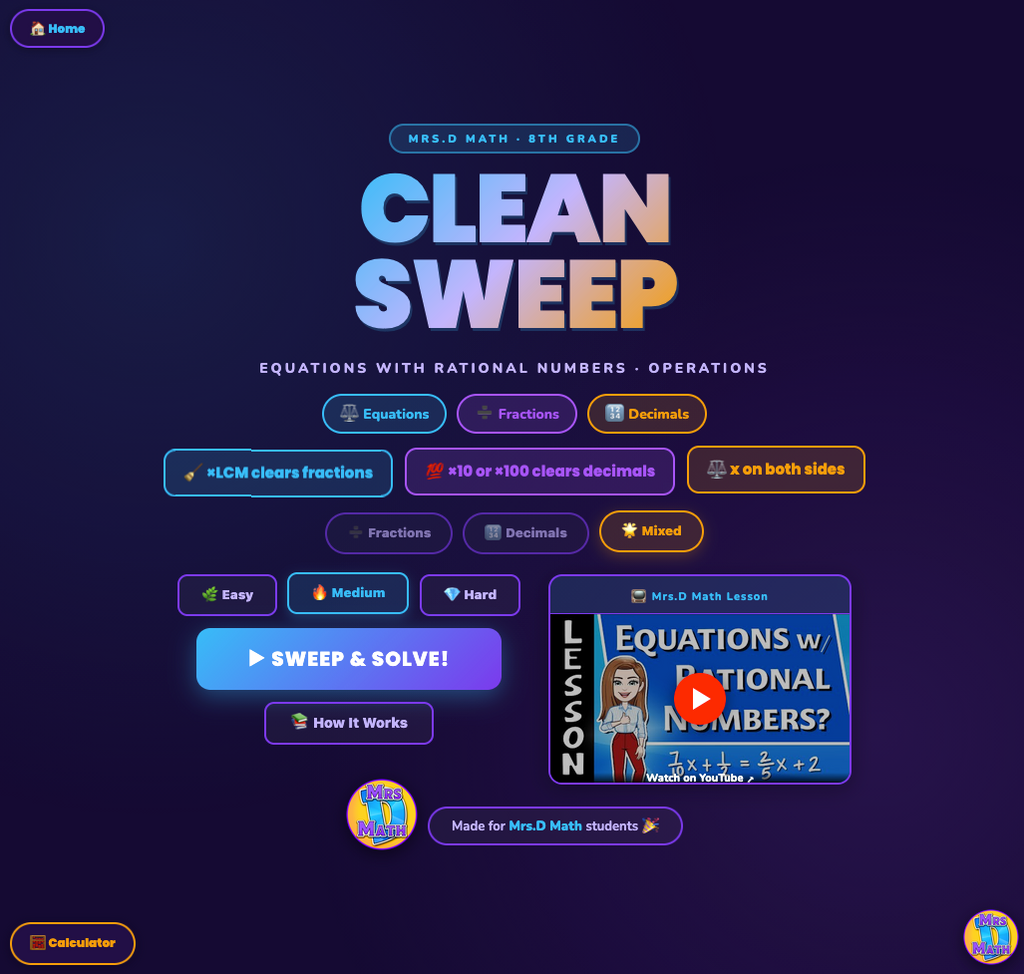 Clean Sweep | Equations with Rational Numbers | 8th grade