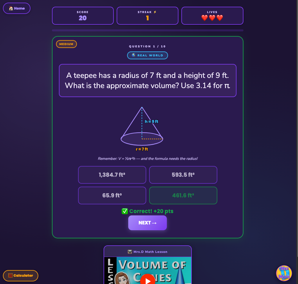 Cone Zone | Volume of Cones | 8th grade