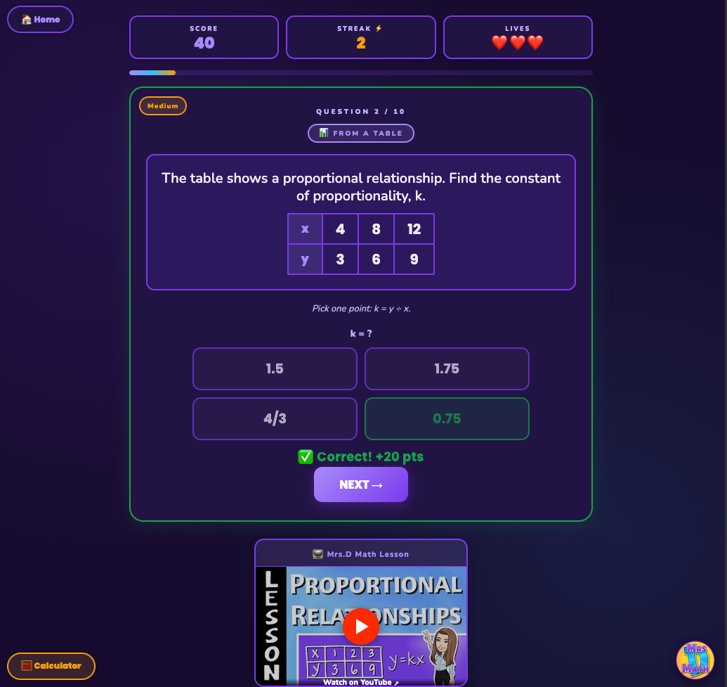 K Quest | Proportional Relationships | 8th grade