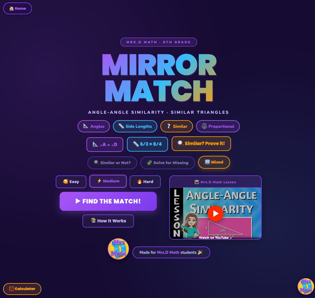 Mirror Match | Angle-Angle Similarity | 8th grade