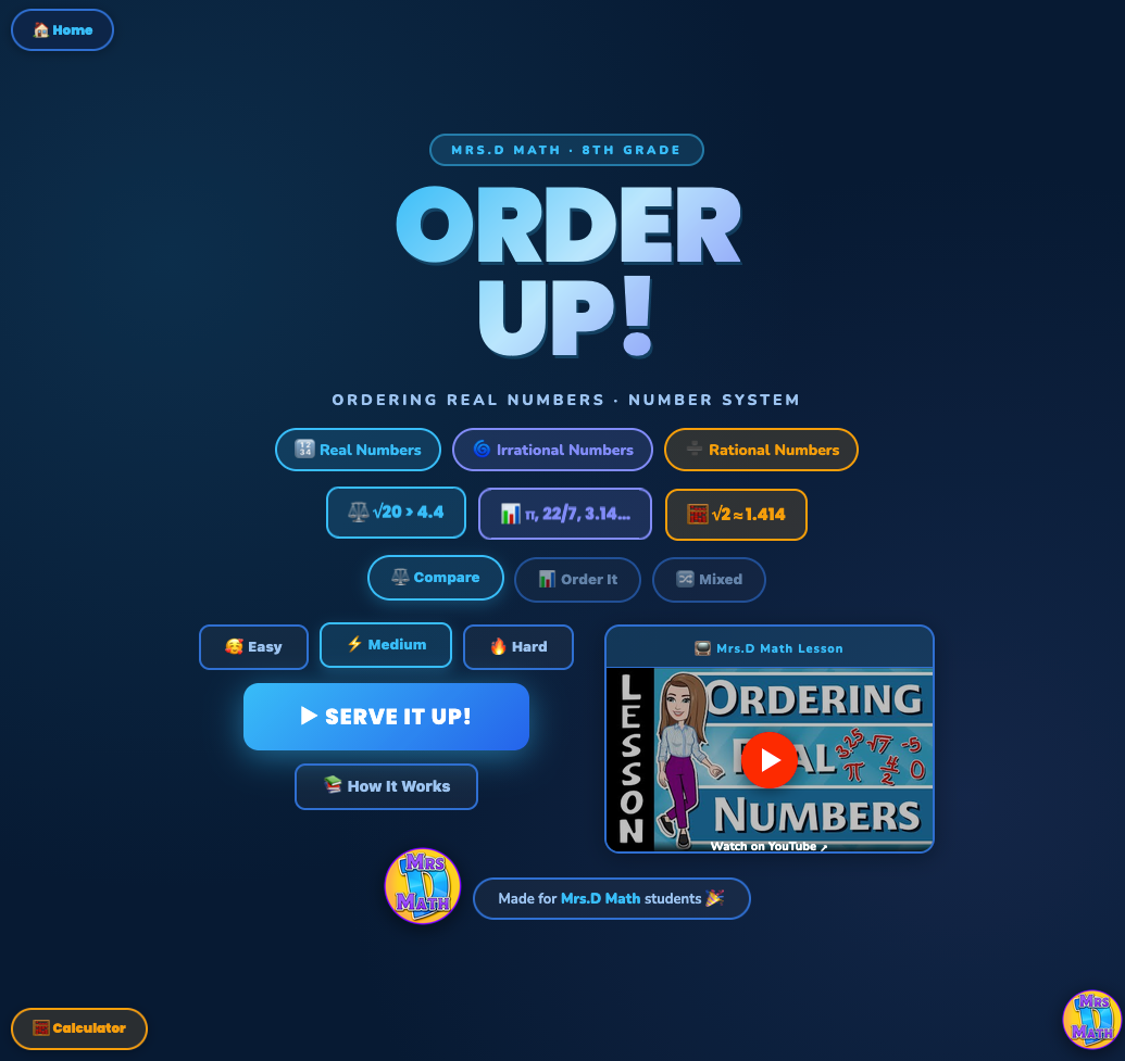 Order Up | Ordering Real Numbers | 8th grade