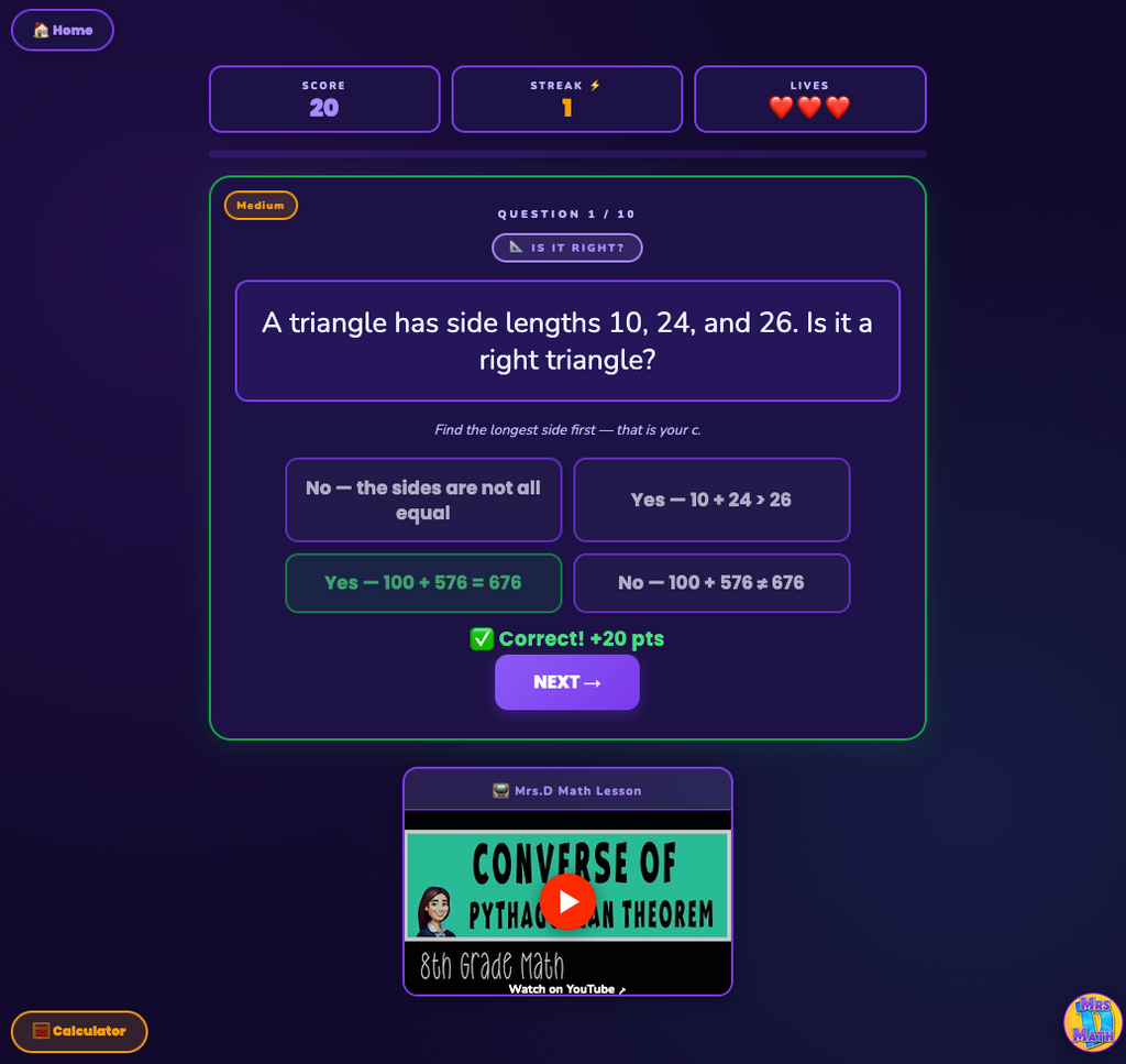 Right Verdict | Converse of Pythagorean Theorem | 8th grade