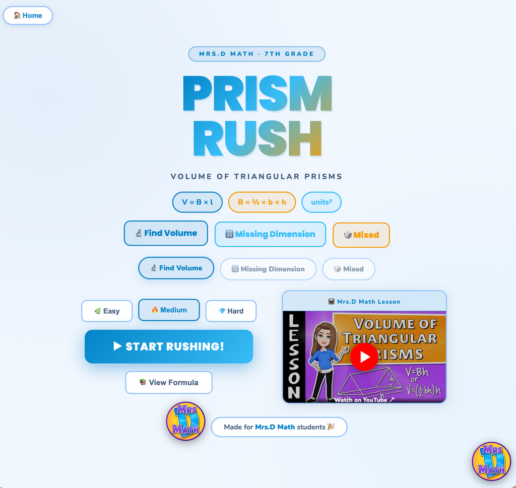 Prism Rush | Volume of Triangular Prisms | 7th grade